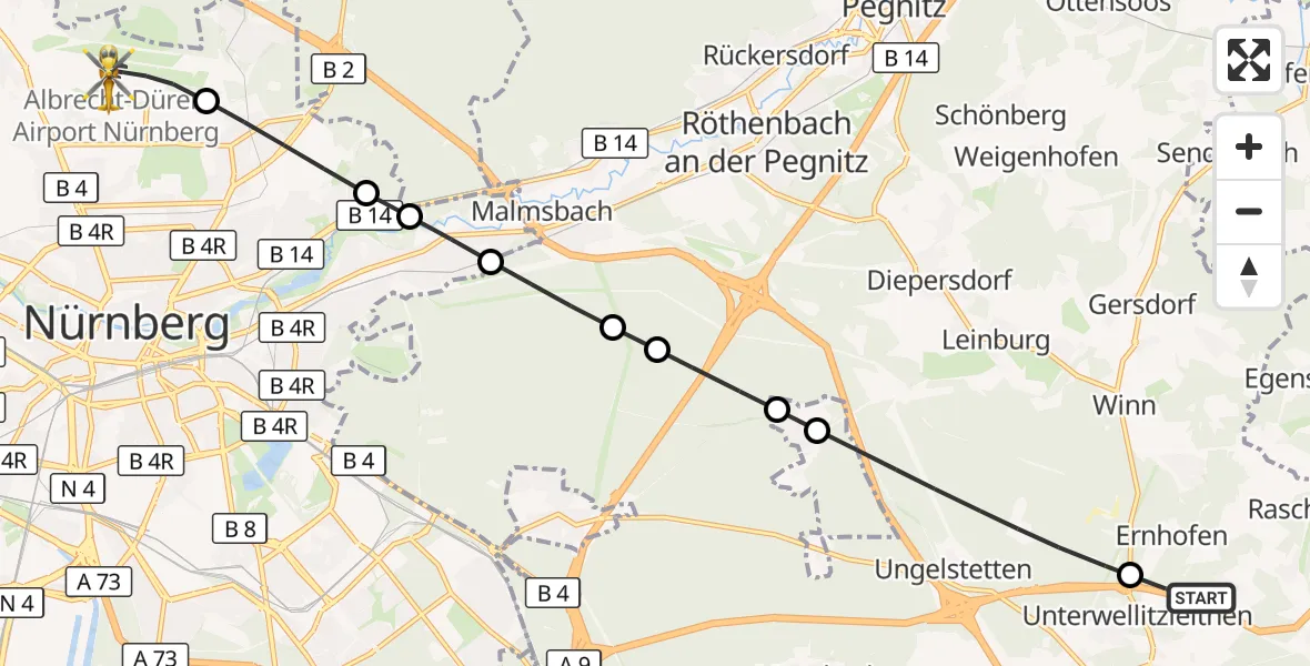 Flugroute Ambulanzhubschrauber Altdorf b.Nürnberg - Flughafen Nuremberg, 27 Mai 2026, 08:13