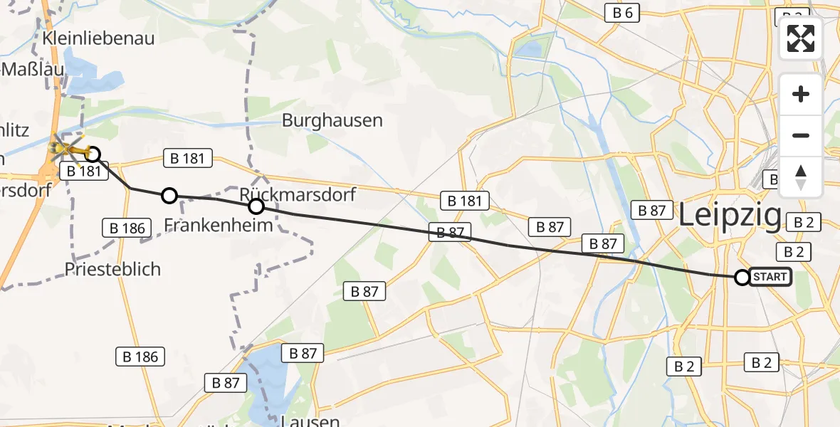 Flugroute Rettungshubschrauber Leipzig University Hospital Heliport 1 - ADAC Air Rescue Station Leipzig/Schkeuditz-Dölzig Hubschrauberlandeplatz (Christoph 61), 27 Mai 2026, 08:17