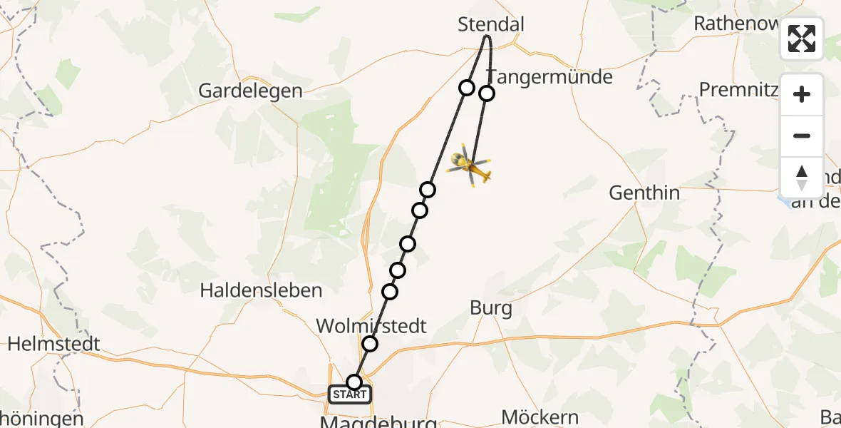 Flugroute Rettungshubschrauber Magdeburg - Tangerhütte, 27 Mai 2026, 08:17