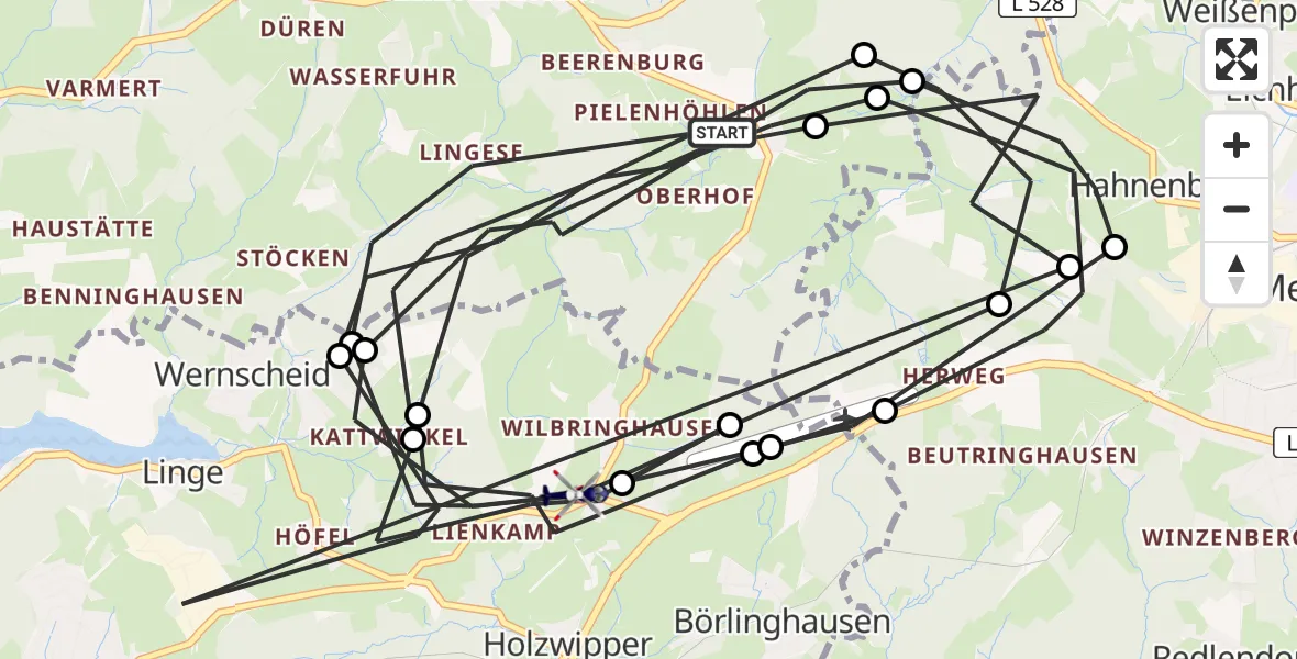 Flugroute Polizeihubschrauber Kierspe - Marienheide, 27 Mai 2026, 08:18