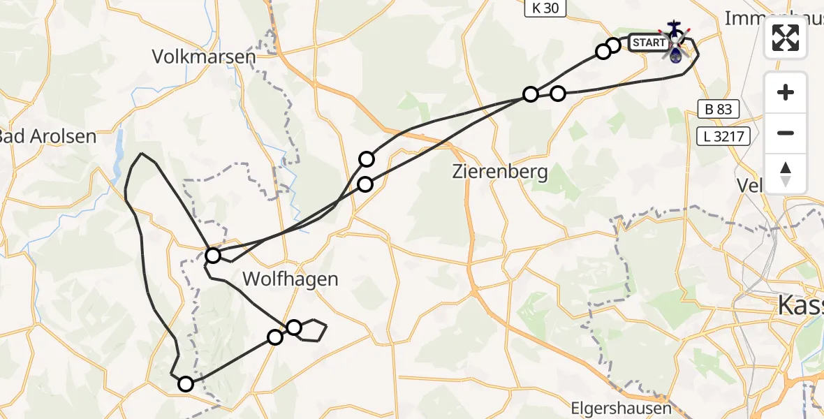 Flugroute Polizeihubschrauber Kassel Flughafen - Kassel Flughafen, 27 Mai 2026, 08:23