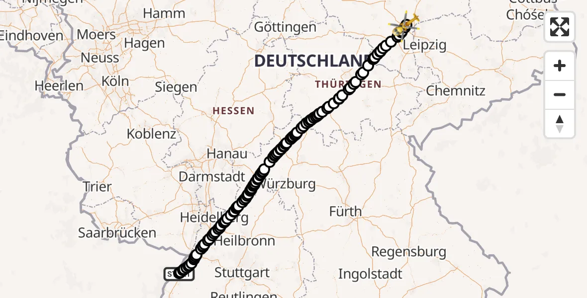 Flugroute Rettungshubschrauber Karlsruhe Baden-Baden Flughafen - Halle-Oppin Flugplatz, 27 Mai 2026, 08:26