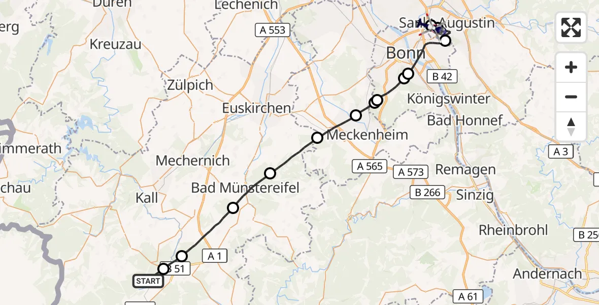 Flugroute Polizeihubschrauber Dahlem - Sankt Augustin, 27 Mai 2026, 08:28