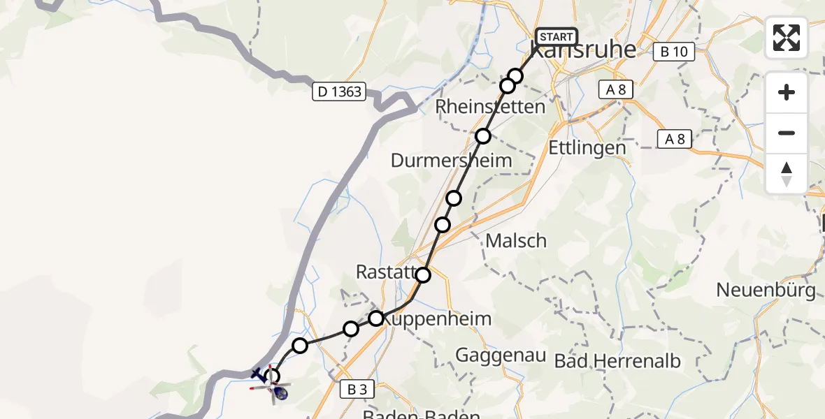 Flugroute Polizeihubschrauber Karlsruhe - Karlsruhe Baden-Baden Flughafen, 27 Mai 2026, 08:33