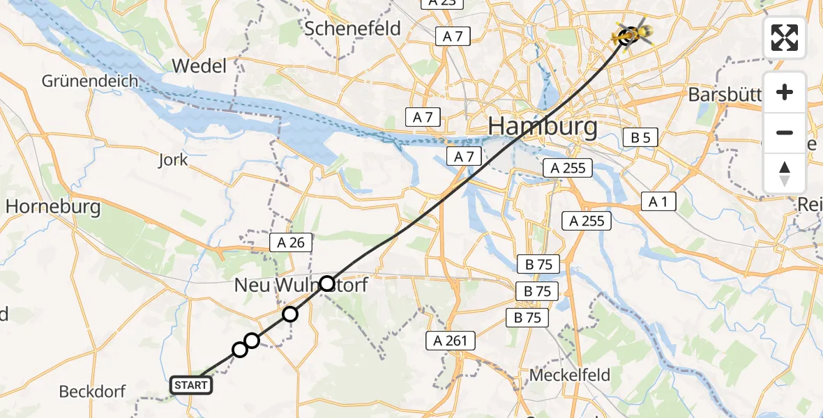 Flugroute Rettungshubschrauber Buxtehude - Hamburg Military Hospital, 27 Mai 2026, 08:38