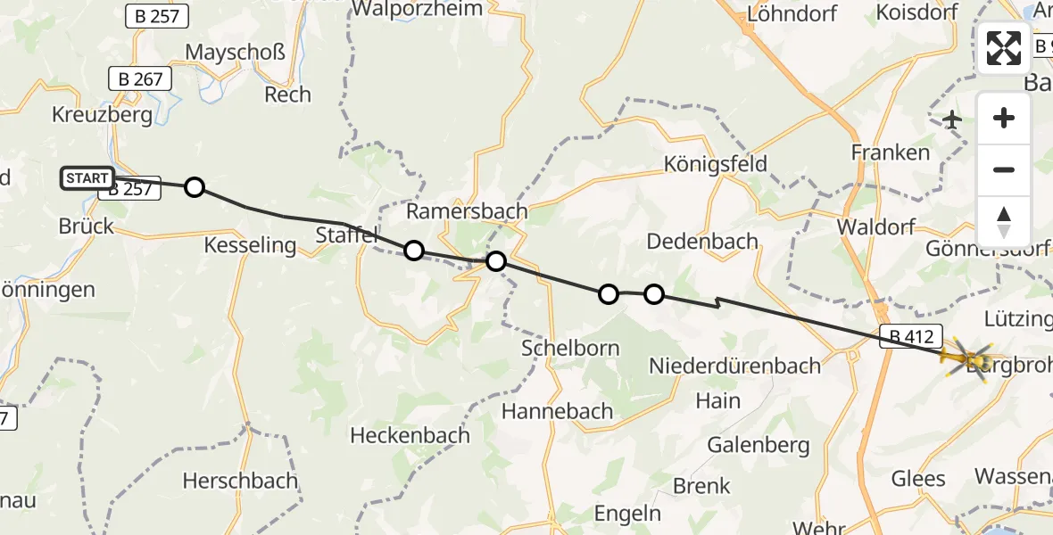 Flugroute Ambulanzhubschrauber Ahrbrück - Burgbrohl, 27 Mai 2026, 08:44