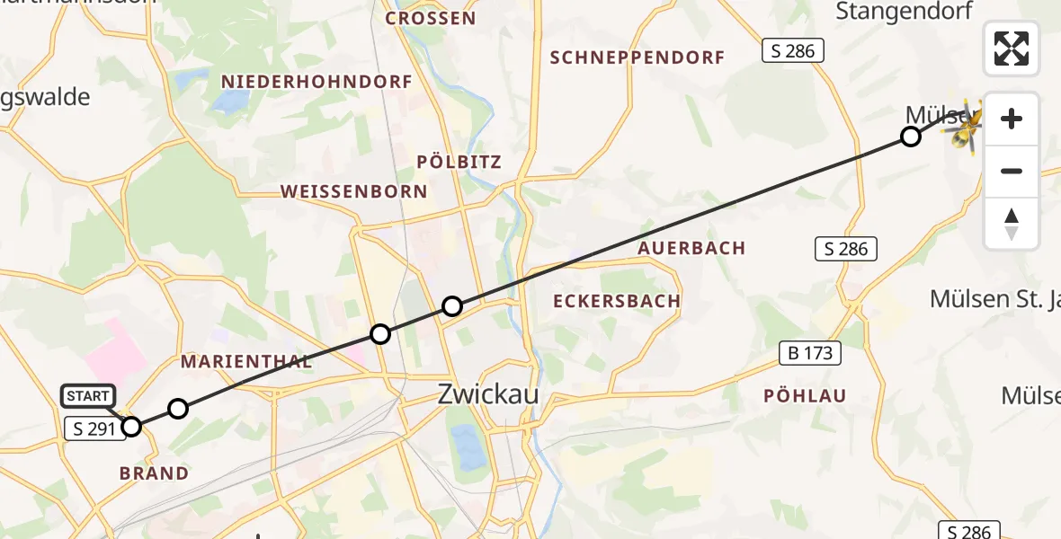 Flugroute Rettungshubschrauber ADAC Air Rescue Station Zwickau Hubschrauberlandeplatz - Mülsen, 27 Mai 2026, 08:44