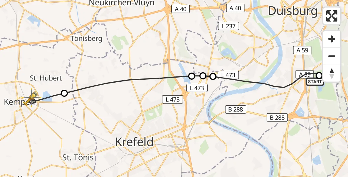 Flugroute Rettungshubschrauber Duisburg Air Rescue Hubschrauberlandeplatz (Christoph 9) - Kempen, 27 Mai 2026, 08:46