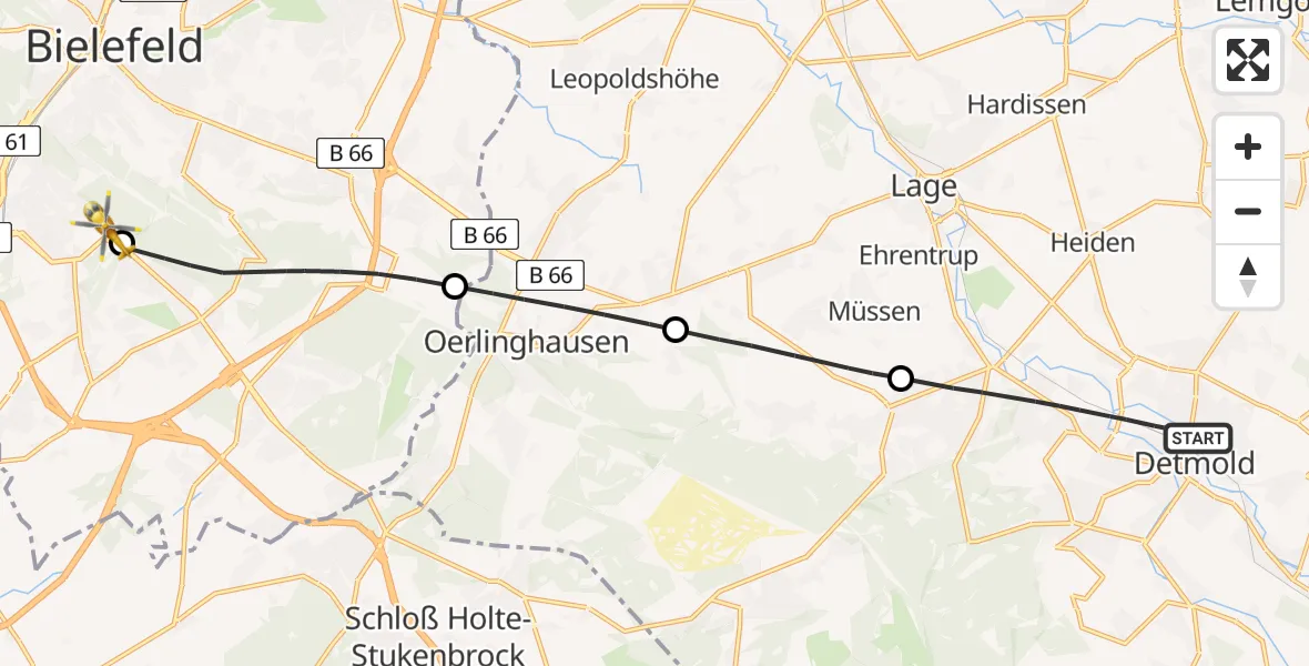 Flugroute Rettungshubschrauber Detmold - Luftrettungszentrum Bielefeld, 27 Mai 2026, 08:48