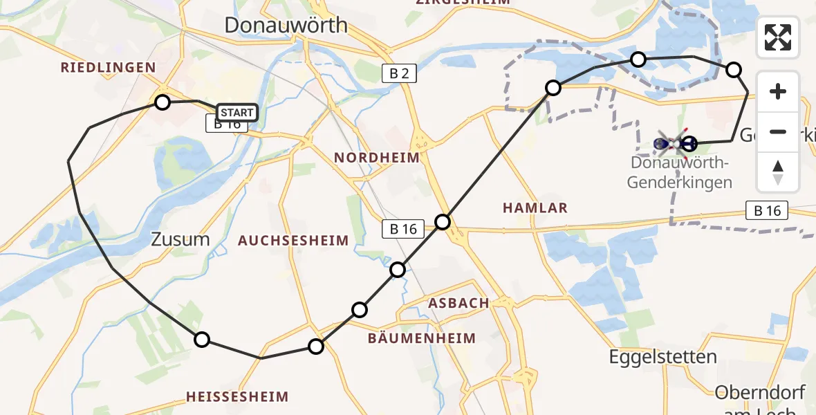 Flugroute Polizeihubschrauber Donauwörth Hubschrauberlandeplatz - Donauwörth-Genderkingen Flugplatz, 27 Mai 2026, 08:51