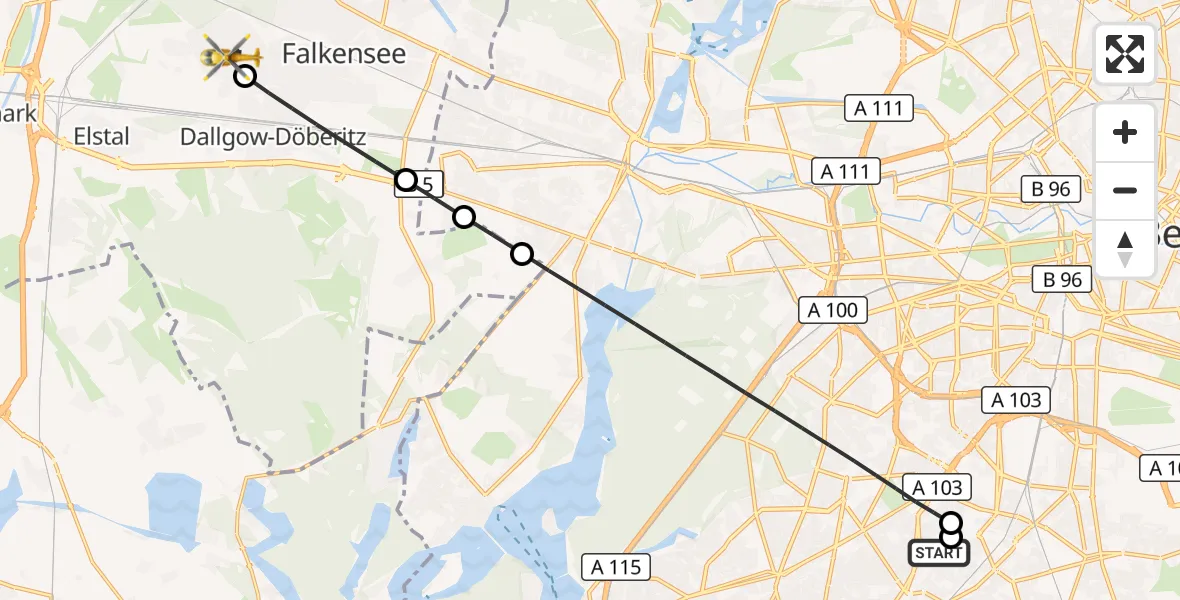 Flugroute Rettungshubschrauber Charité Clinic Benjamin Franklin Campus - Falkensee, 27 Mai 2026, 08:55