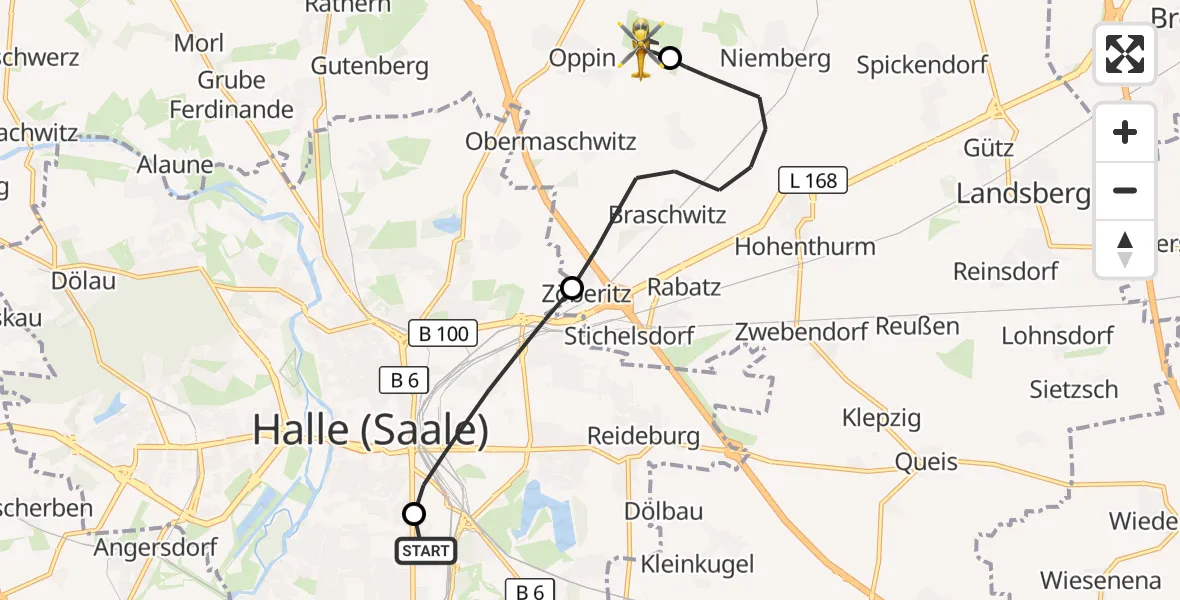 Flugroute Rettungshubschrauber BG Hospital Bergmannstrost Halle - Halle-Oppin Flugplatz, 27 Mai 2026, 08:56
