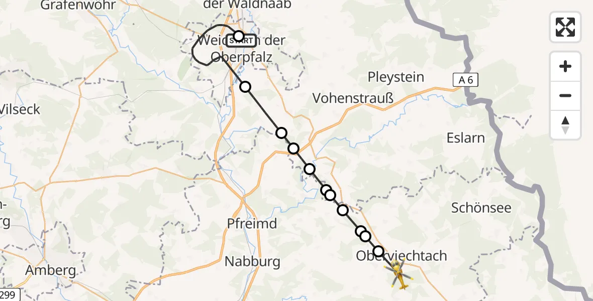 Flugroute Rettungshubschrauber Weiden Hospital - Oberviechtach, 27 Mai 2026, 08:58