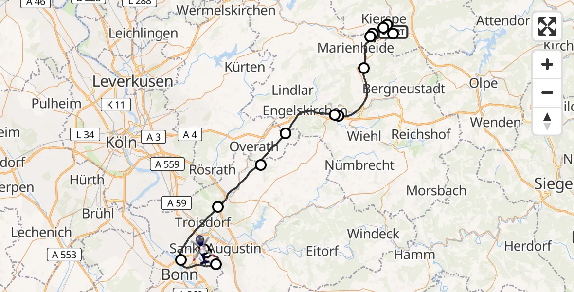 Flugroute Polizeihubschrauber Meinerzhagen - Bonn-Hangelar Flugplatz, 27 Mai 2026, 09:07