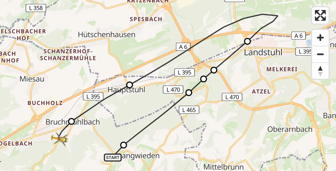 Flugroute Rettungshubschrauber Martinshöhe - Bruchmühlbach-Miesau, 27 Mai 2026, 09:14