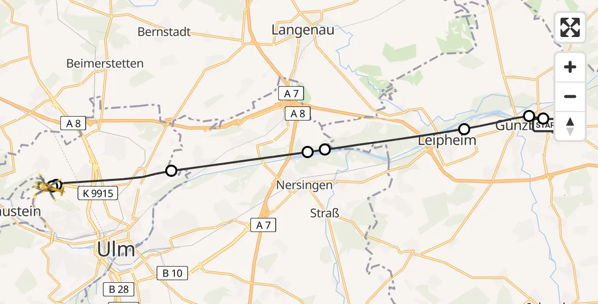 Flugroute Rettungshubschrauber Günzburg Hospital - Ulm Military Hospital Emergency, 27 Mai 2026, 09:18