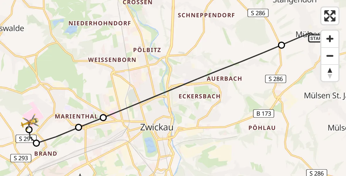 Flugroute Rettungshubschrauber Mülsen - ADAC Air Rescue Station Zwickau Hubschrauberlandeplatz, 27 Mai 2026, 09:18