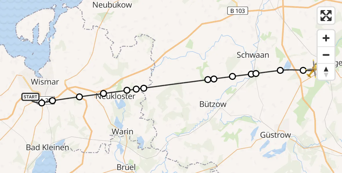 Flugroute Rettungshubschrauber Metelsdorf - Flughafen Rostock-Laage, 27 Mai 2026, 09:19