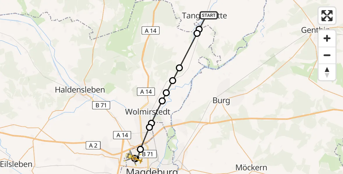 Flugroute Rettungshubschrauber Tangerhütte - Magdeburg Hospital, 27 Mai 2026, 09:28