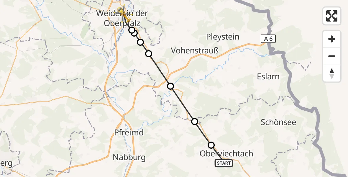 Flugroute Rettungshubschrauber Oberviechtach - Weiden Hospital, 27 Mai 2026, 09:34