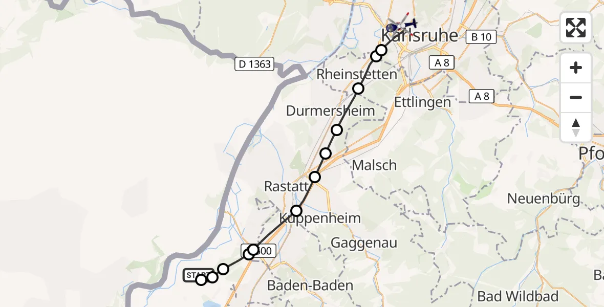 Flugroute Polizeihubschrauber Karlsruhe Baden-Baden Flughafen - Karlsruhe, 27 Mai 2026, 09:35
