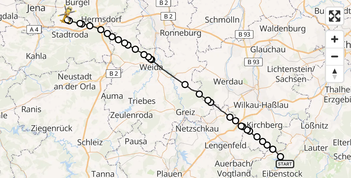 Flugroute Rettungshubschrauber Eibenstock - Schöngleina, 27 Mai 2026, 09:37