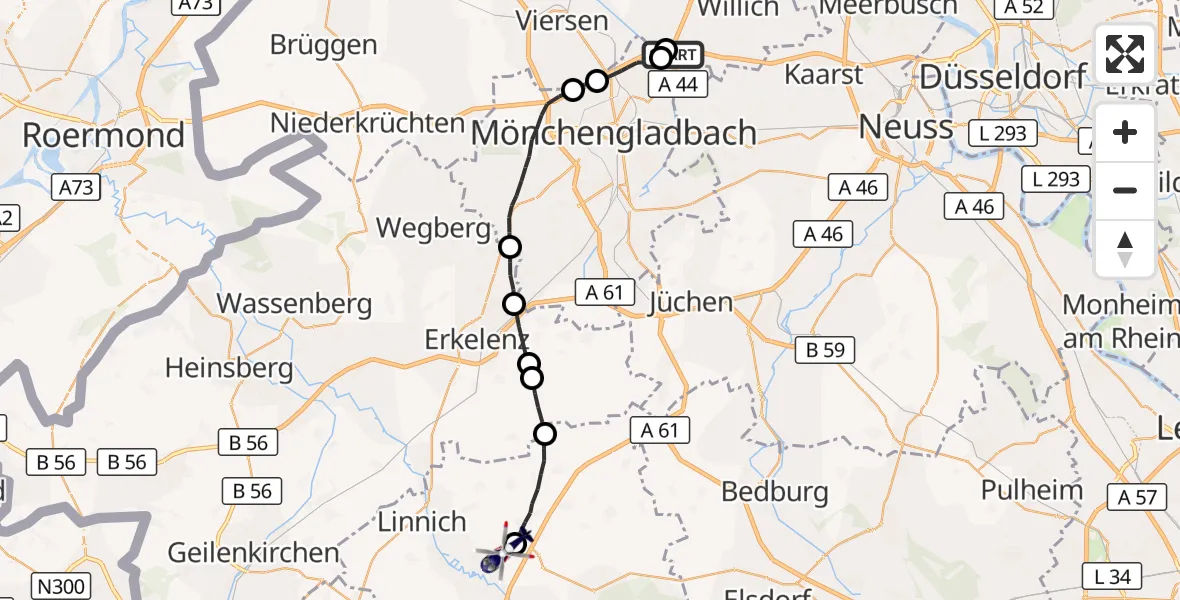 Flugroute Polizeihubschrauber Mönchengladbach Flughafen - Linnich-Boslar Ultraleichtflugplatz, 27 Mai 2026, 09:38