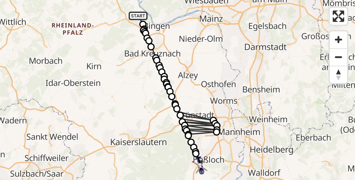 Flugroute Polizeihubschrauber Oberheimbach - Neustadt an der Weinstraße, 27 Mai 2026, 09:46