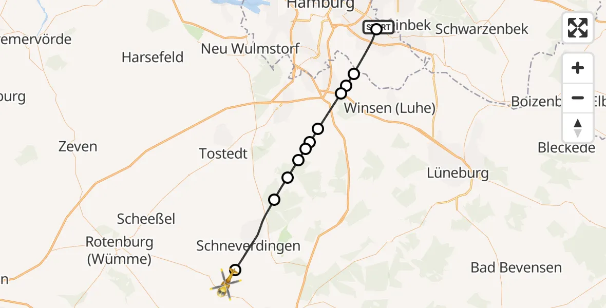 Flugroute Ambulanzhubschrauber Christoph Hansa ADAC Hubschrauberlandeplatz - Neuenkirchen, 27 Mai 2026, 09:49