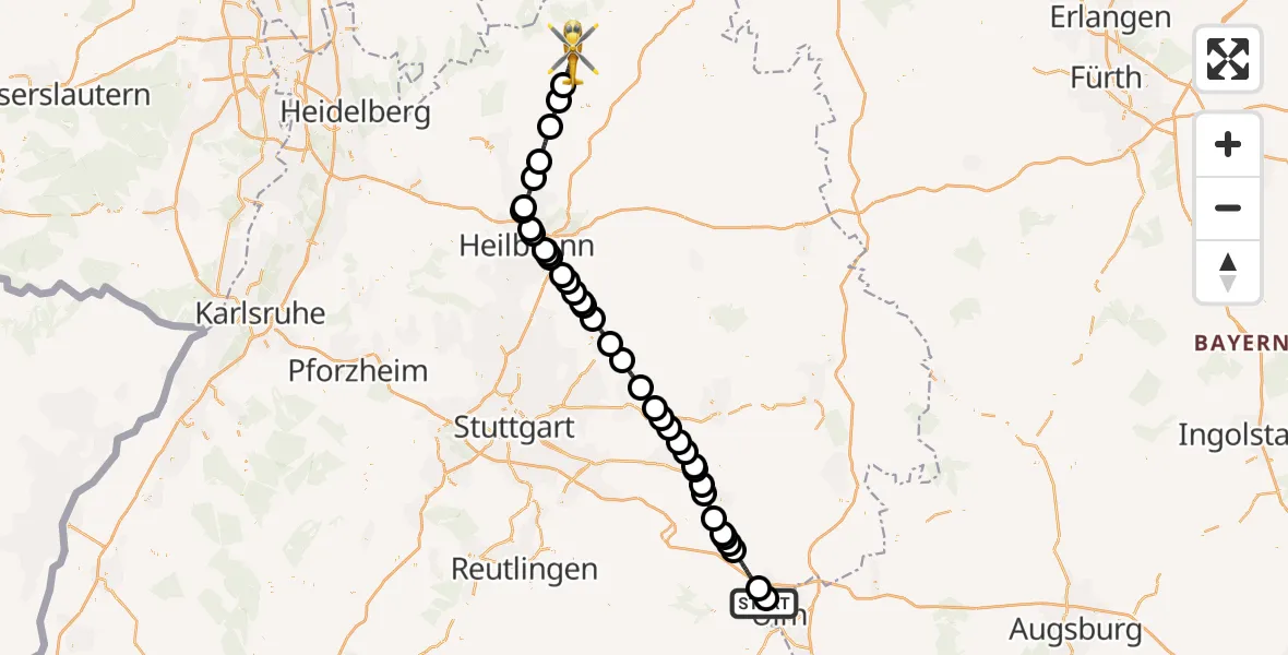 Flugroute Rettungshubschrauber Ulm Military Hospital Emergency - Buchen (Odenwald), 27 Mai 2026, 09:51
