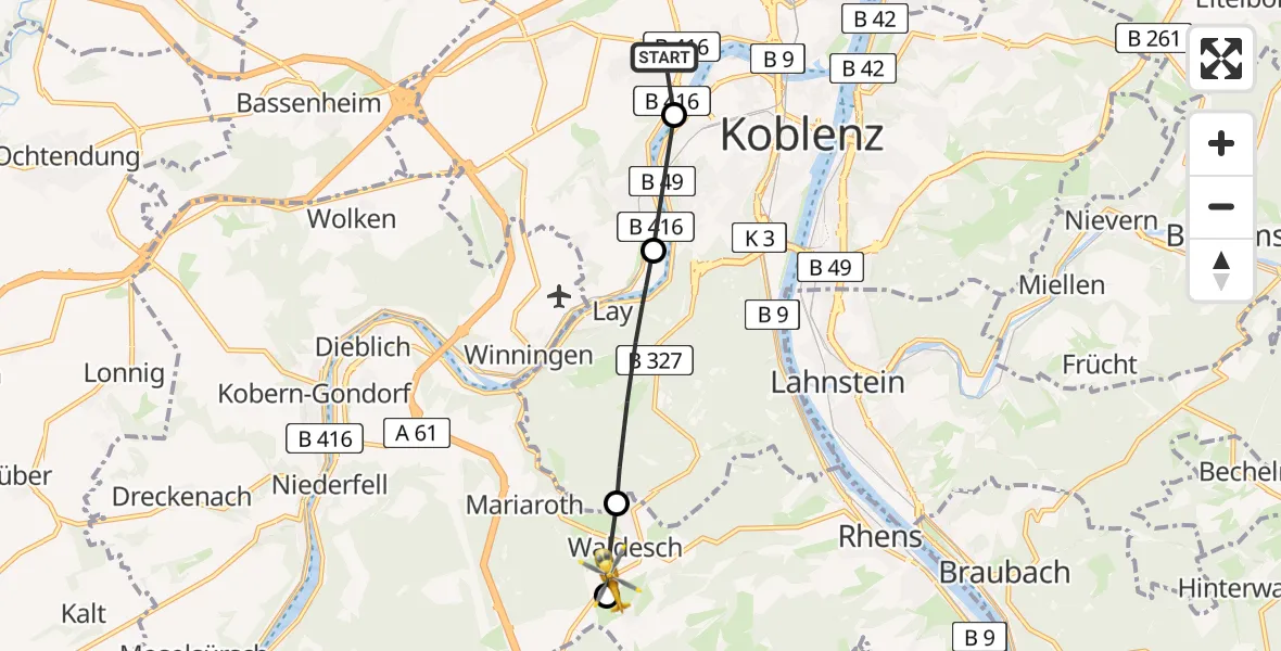 Flugroute Rettungshubschrauber Koblenz - Waldesch, 27 Mai 2026, 09:53