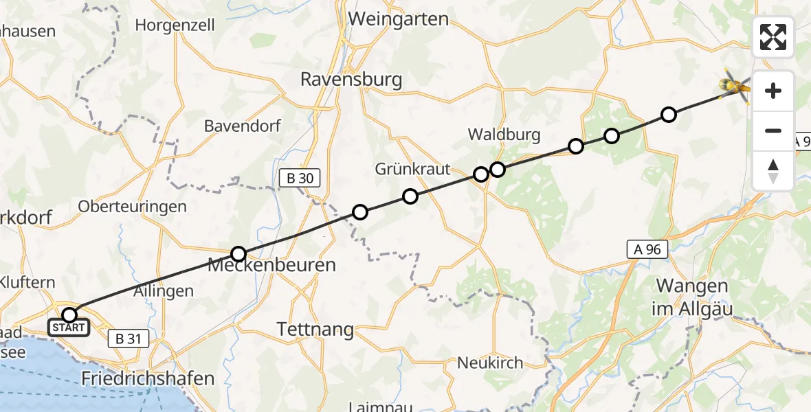 Flugroute Rettungshubschrauber Friedrichshafen Hospital - Kißlegg, 27 Mai 2026, 09:56