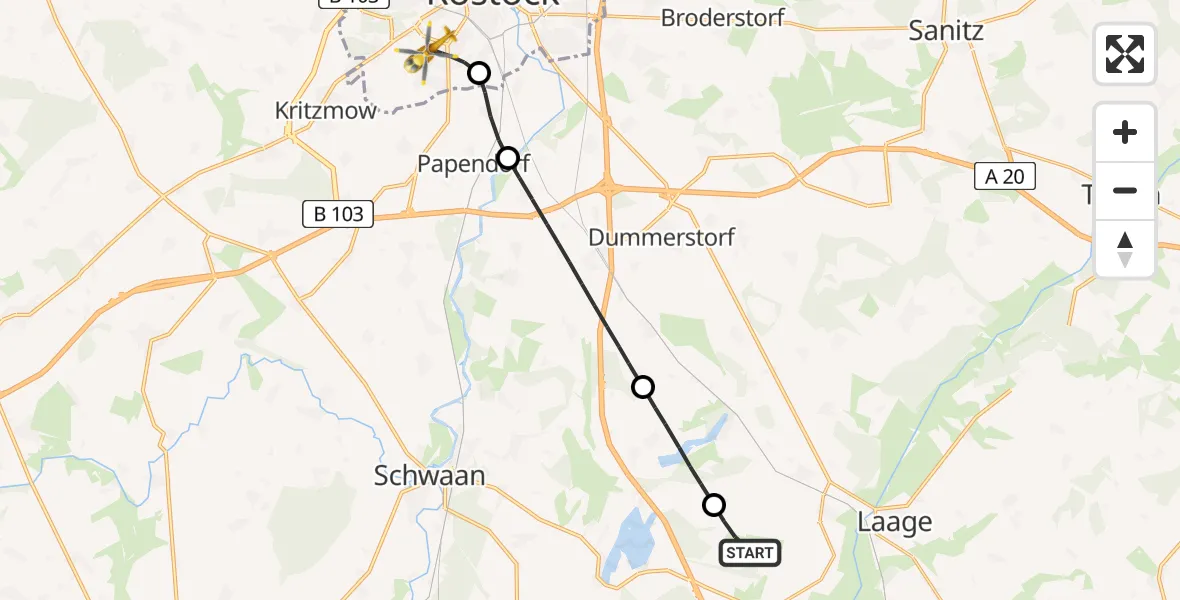 Flugroute Rettungshubschrauber Flughafen Rostock-Laage - Rostock, 27 Mai 2026, 09:57