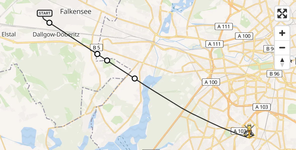 Flugroute Rettungshubschrauber Falkensee - Berlin, 27 Mai 2026, 09:58