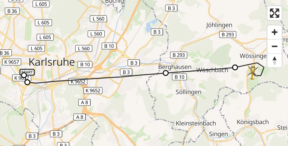 Flugroute Rettungshubschrauber Sankt Vincentius Hospital - Walzbachtal, 27 Mai 2026, 10:02