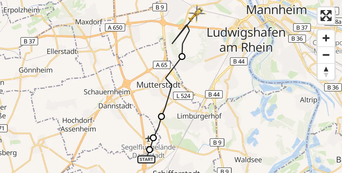 Flugroute Rettungshubschrauber Schifferstadt - Ludwigshafen Accident Hospital, 27 Mai 2026, 10:07