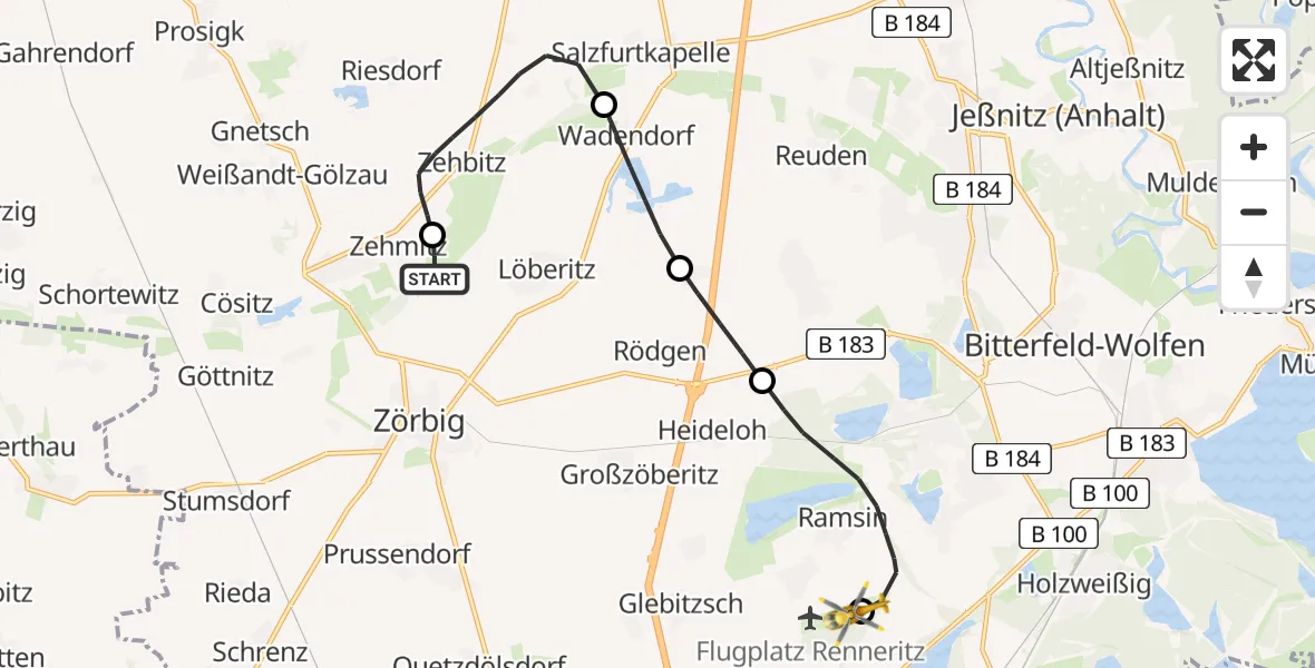 Flugroute Ambulanzhubschrauber Zörbig - Renneritz Flugplatz, 27 Mai 2026, 10:10