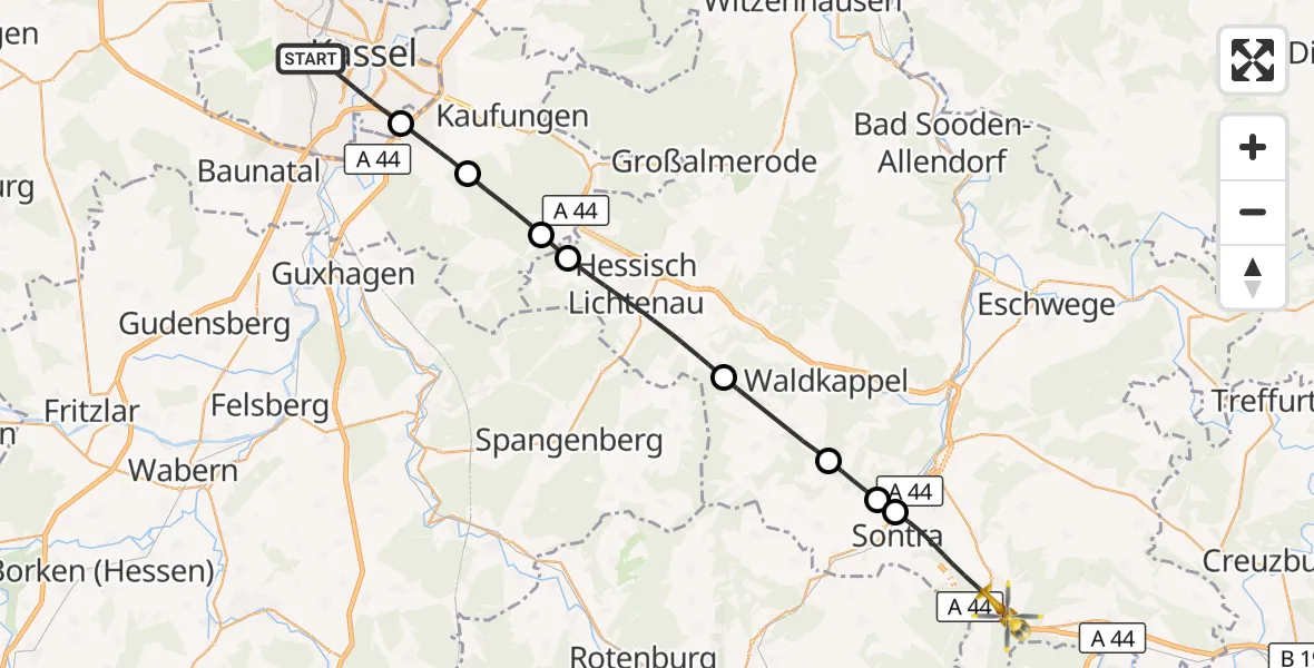 Flugroute Rettungshubschrauber Kassel - Sontra, 27 Mai 2026, 10:10