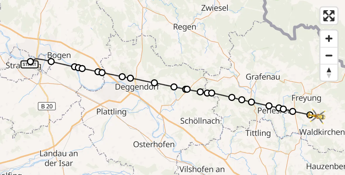 Flugroute Rettungshubschrauber Sankt Elisabeth Hospital Straubing - Waldkirchen, 27 Mai 2026, 10:10