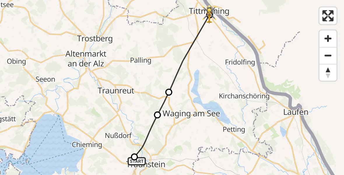 Flugroute Rettungshubschrauber Traunstein Hospital - Tittmoning, 27 Mai 2026, 10:14