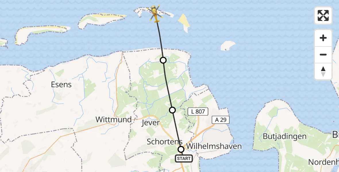 Flugroute Rettungshubschrauber Sande - Wangerooge Flughafen, 27 Mai 2026, 10:14