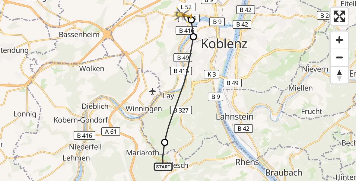 Flugroute Rettungshubschrauber Waldesch - Koblenz, 27 Mai 2026, 10:31