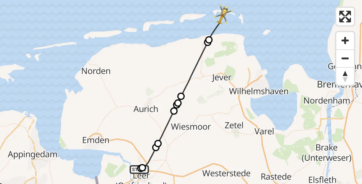 Flugroute Ambulanzhubschrauber Flugplatz Leer-Papenburg - Noordzee, 27 Mai 2026, 10:36