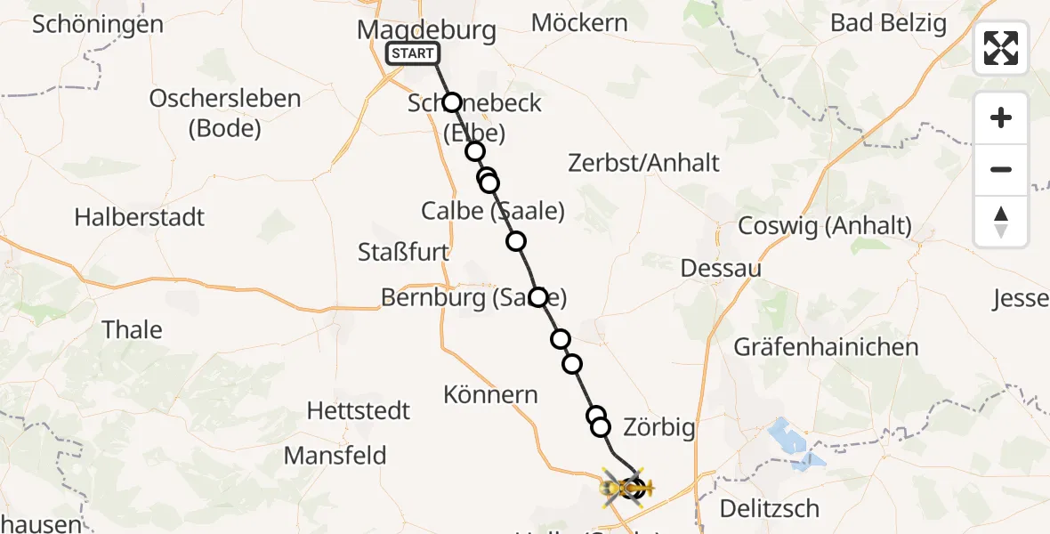 Flugroute Rettungshubschrauber Magdeburg - Halle-Oppin Flugplatz, 27 Mai 2026, 10:42