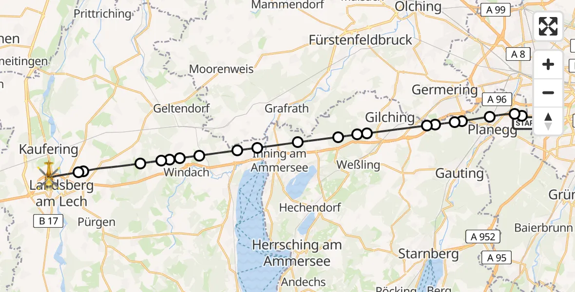 Flugroute Rettungshubschrauber DRF Air Rescue München Hubschrauberlandeplatz - Landsberg am Lech, 27 Mai 2026, 10:50