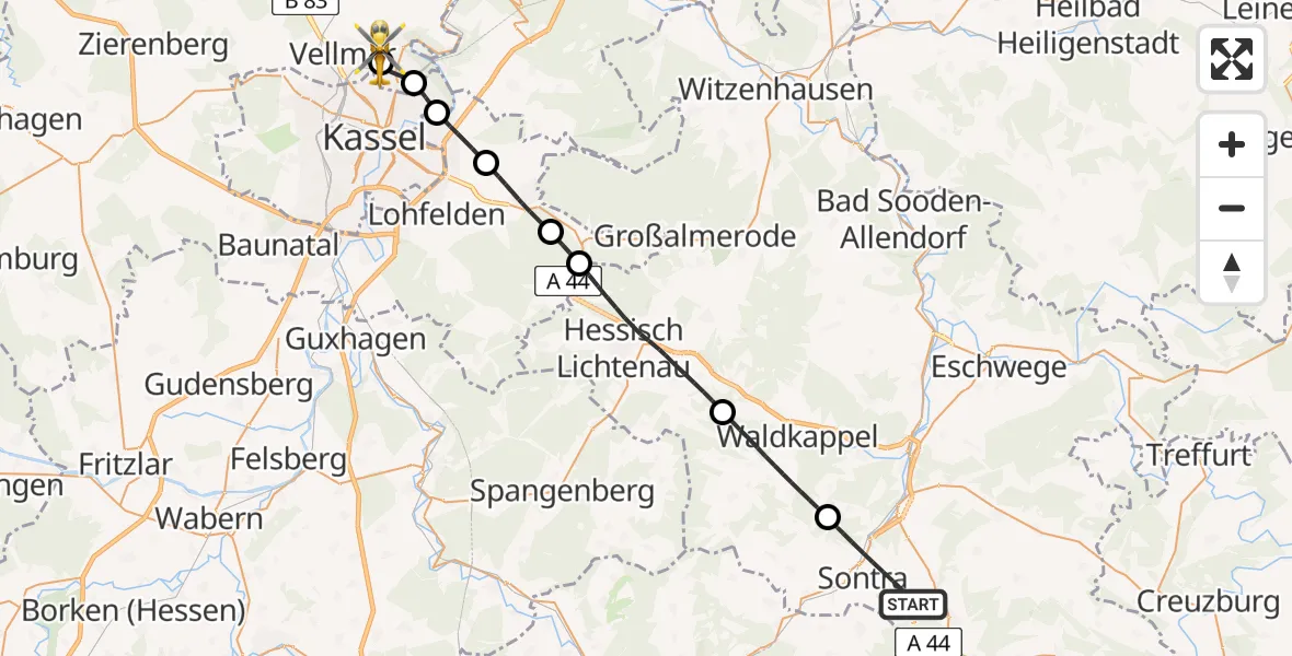 Flugroute Rettungshubschrauber Sontra - Fuldatal Bundespolizei Hubschrauberlandeplatz, 27 Mai 2026, 10:51