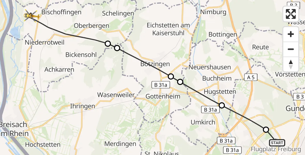 Flugroute Rettungshubschrauber Freiburg im Breisgau Flugplatz - Vogtsburg im Kaiserstuhl, 27 Mai 2026, 10:51