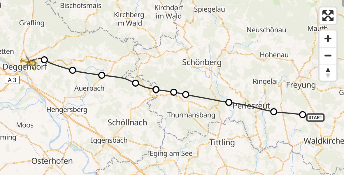 Flugroute Rettungshubschrauber Waldkirchen - Deggendorf, 27 Mai 2026, 10:51