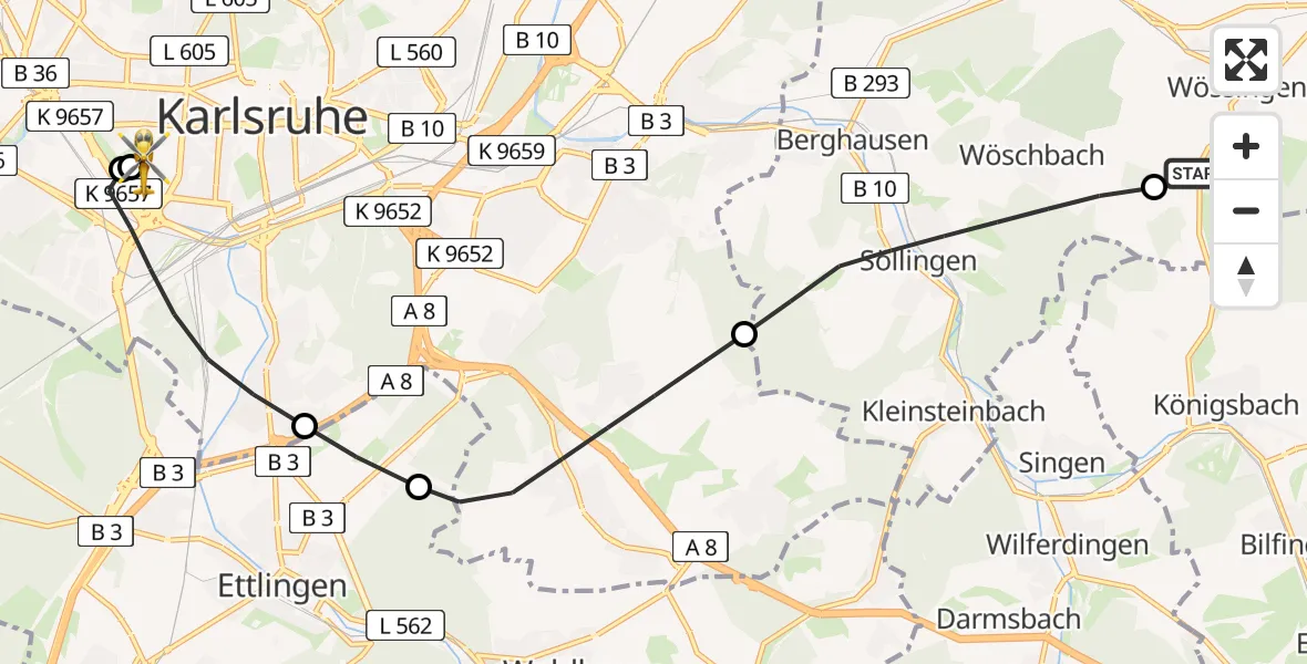 Flugroute Rettungshubschrauber Walzbachtal - Sankt Vincentius Hospital, 27 Mai 2026, 10:56