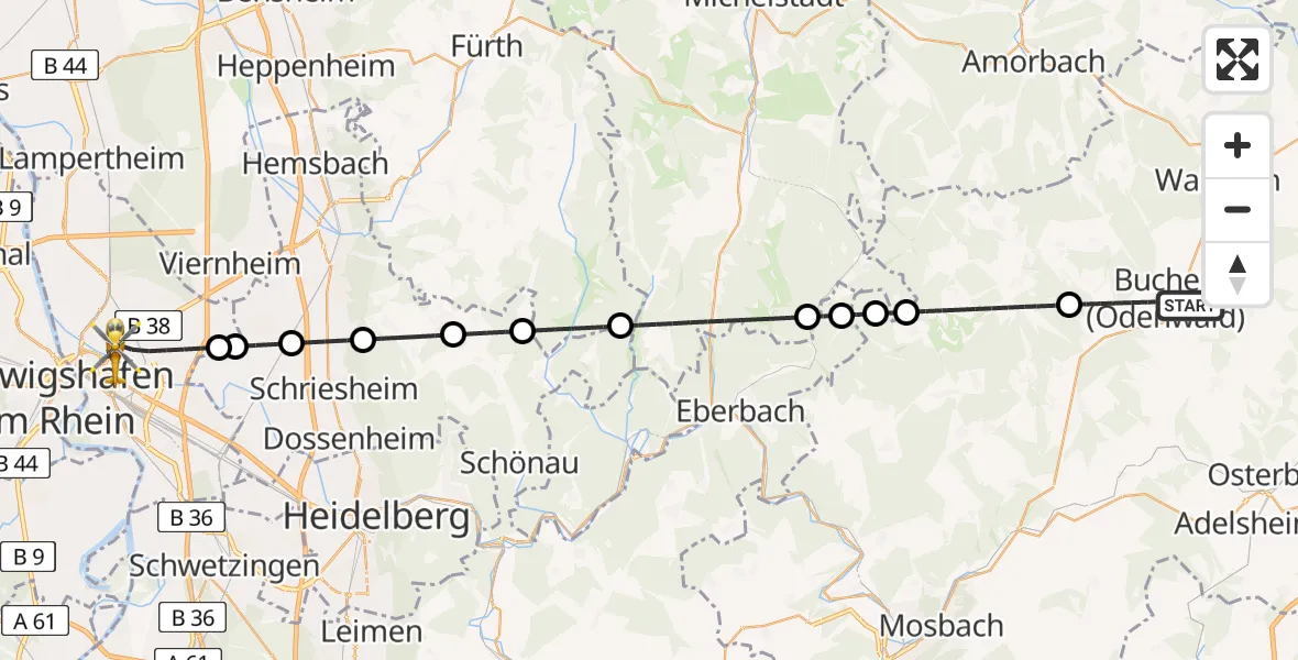 Flugroute Rettungshubschrauber Buchen (Odenwald) - Mannheim, 27 Mai 2026, 10:59